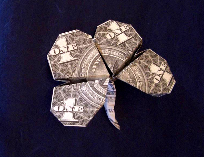 Origami Four-leaf clover by Jodi Fukumoto. Folded from a $ bill by Gilad Aharoni on giladorigami.com