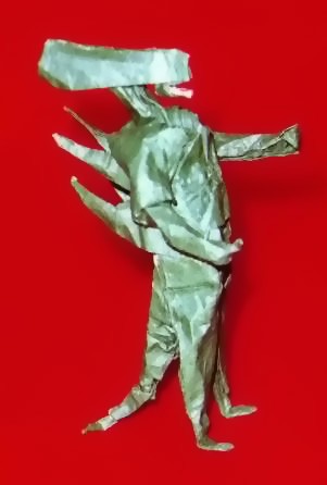 Origami Alien 3 by Fernando Gilgado Gomez. Folded from a square of tissue-foil by Gilad Aharoni on giladorigami.com