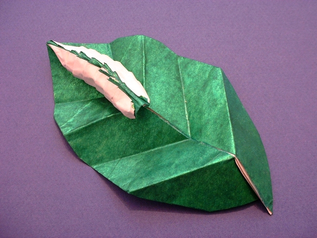 Origami Caterpillar on a leaf by Eugeny Fridrikh. Folded by Gilad Aharoni on giladorigami.com