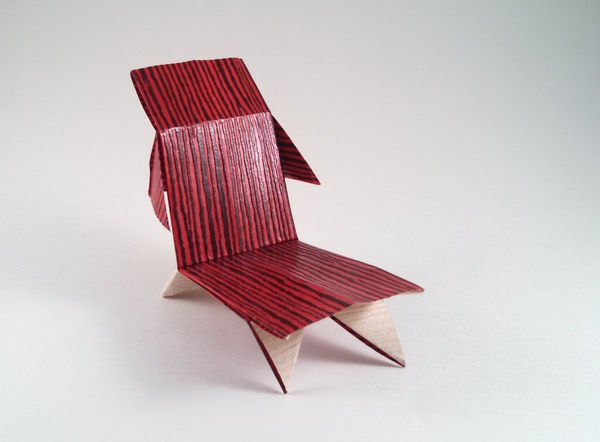 Origami Chair 5 by Fuchimoto Muneji. Folded from a square of lacquer wood origami paper by Gilad Aharoni on giladorigami.com