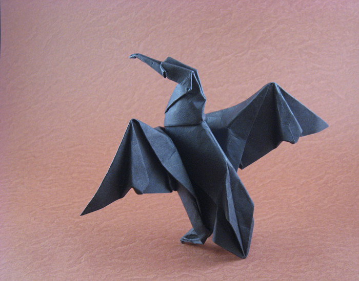 Origami Cormorant by Michael G. LaFosse. Wet-folded from a square of art paper by Gilad Aharoni on giladorigami.com
