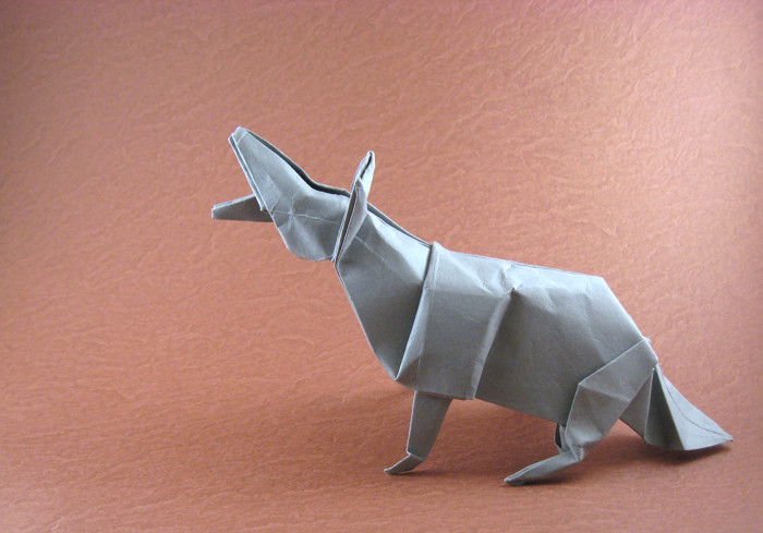 Origami Coyote by John Montroll. Wet-folded from a square of card-stock by Gilad Aharoni on giladorigami.com