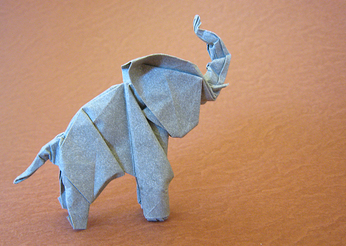 Origami Elephant by Neal Elias. Wet-folded from a rectangle of Elephant-Hide by Gilad Aharoni on giladorigami.com