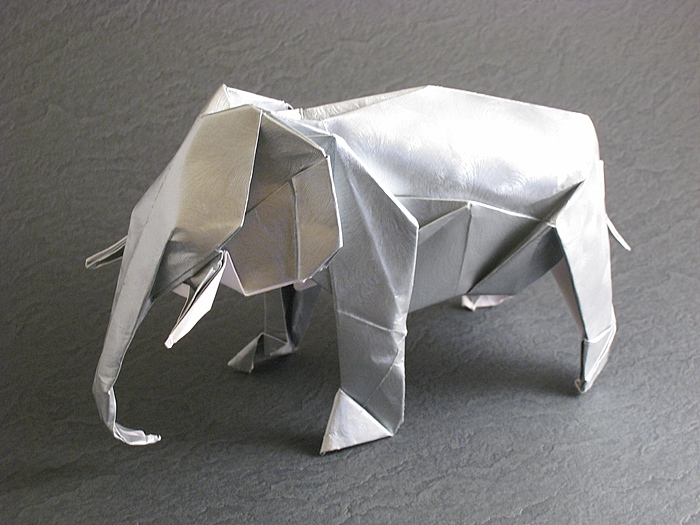 Origami Asiatic elephant by Satoshi Kamiya. Folded from a square of Gun Metal Pearlescent Swirl paper by Gilad Aharoni on giladorigami.com