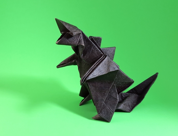 Origami Godzilla by Inoue Takaya. Folded from a square of Reptile Dark Brown scrapbooking paper by Gilad Aharoni on giladorigami.com