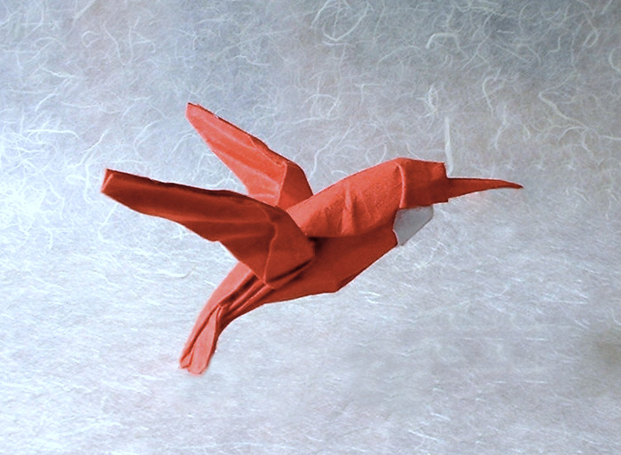 Origami Hummingbird - ruby throated by Robert J. Lang. Wet-folded from a square of double-sided mulberry paper by Gilad Aharoni on giladorigami.com