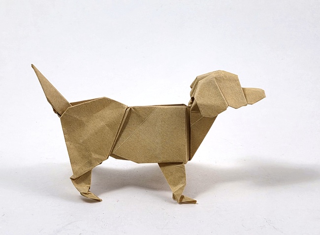 Origami Labrador by Steven Casey. Folded from a square of Vintage origami paper by Gilad Aharoni on giladorigami.com