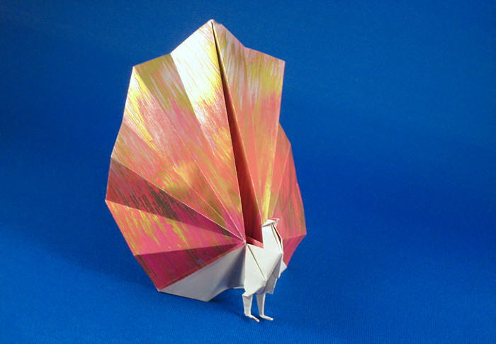 Origami Peacock by Edwin Corrie. Folded from a square of decorative origami paper by Gilad Aharoni on giladorigami.com