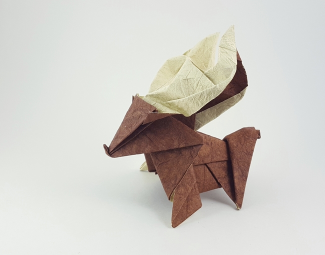 Origami Reindeer by Kamei Kohe. Folded from a square of Crinkle Bronze scrapbooking paper by Gilad Aharoni on giladorigami.com