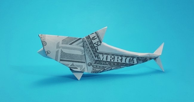 Origami Great white shark by Michael G. LaFosse. Folded from a US Dollar bill by Gilad Aharoni on giladorigami.com