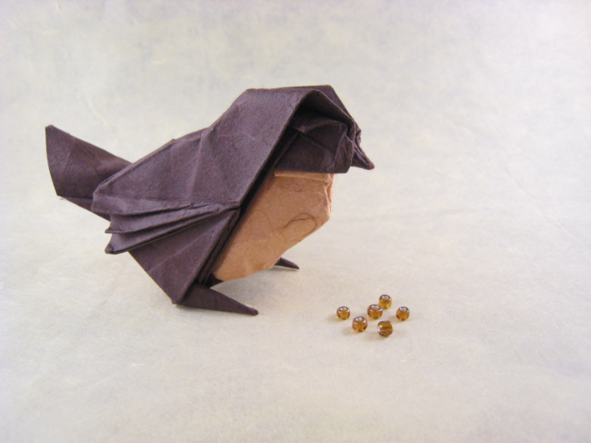 Origami Sparrow by Roman Diaz. Wet-folded from a square of double-sided mulberry paper by Gilad Aharoni on giladorigami.com
