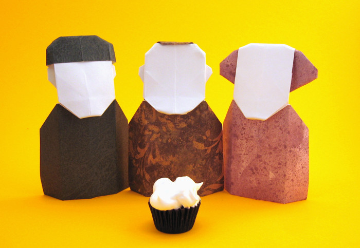 Origami The Three Stooges by Gilad Aharoni. Each folded from a rectangle of scrapbooking paper by Gilad Aharoni on giladorigami.com