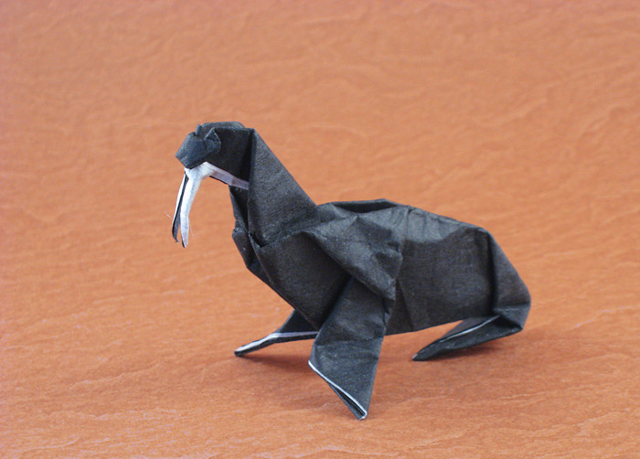 Origami Walrus by John French. Folded from a triangle of double-sided Unryu paper by Gilad Aharoni on giladorigami.com