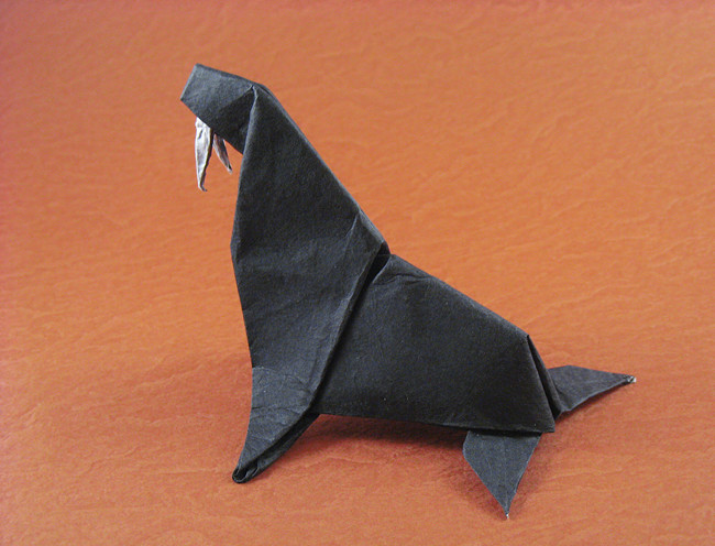 Origami Walrus by John Montroll. Wet-folded from a square of double-sided Unryu paper by Gilad Aharoni on giladorigami.com