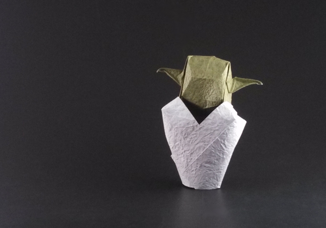 Origami Yoda by Tong Liu (G.T. Liu). Folded from a square of Momigami by Gilad Aharoni on giladorigami.com