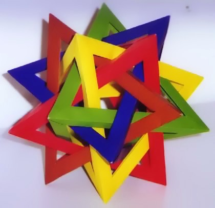 Origami 5 intersecting tetrahedra by Thomas Hull. Folded by Gilad Aharoni on giladorigami.com